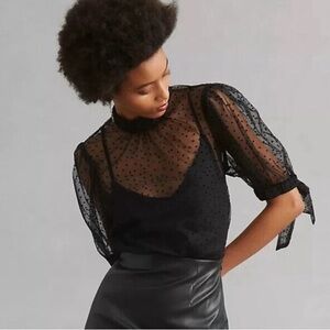 Anthropologie Black Sheer Polka Dot Blouse